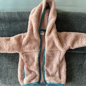 Hanna Anderson Cozy Pink Sherpa Hoodie with Blue Trim